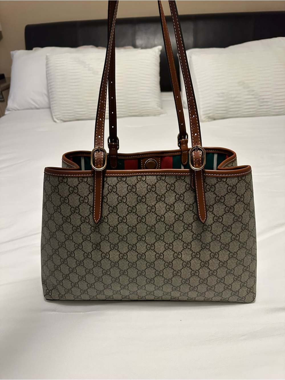 Gucci Beige Monogram Tote with Brown Leather Straps and Red-Green Interior